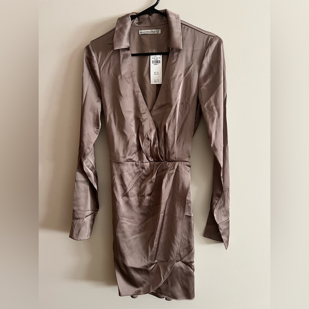 Abercrombie & Fitch Satin Taupe Long Sleeve Dress XXST, brown dress